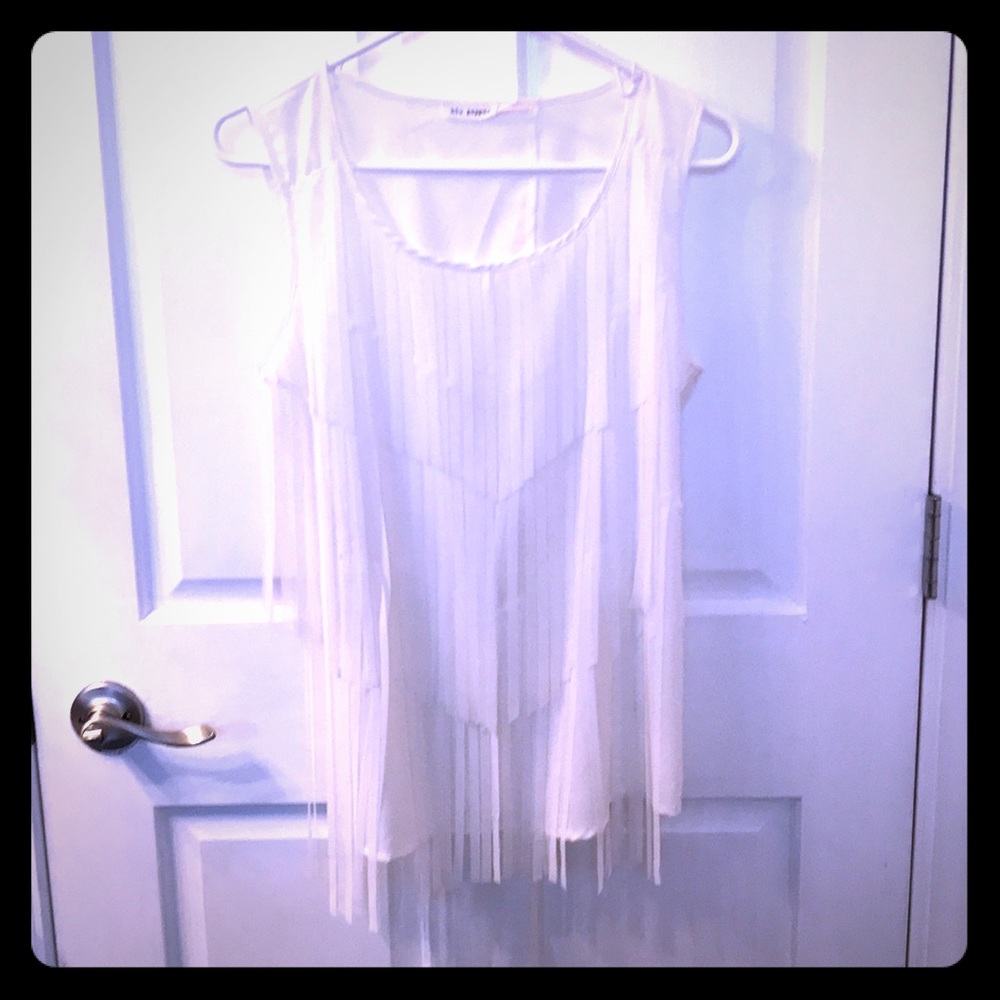 White fringe flutter back tank